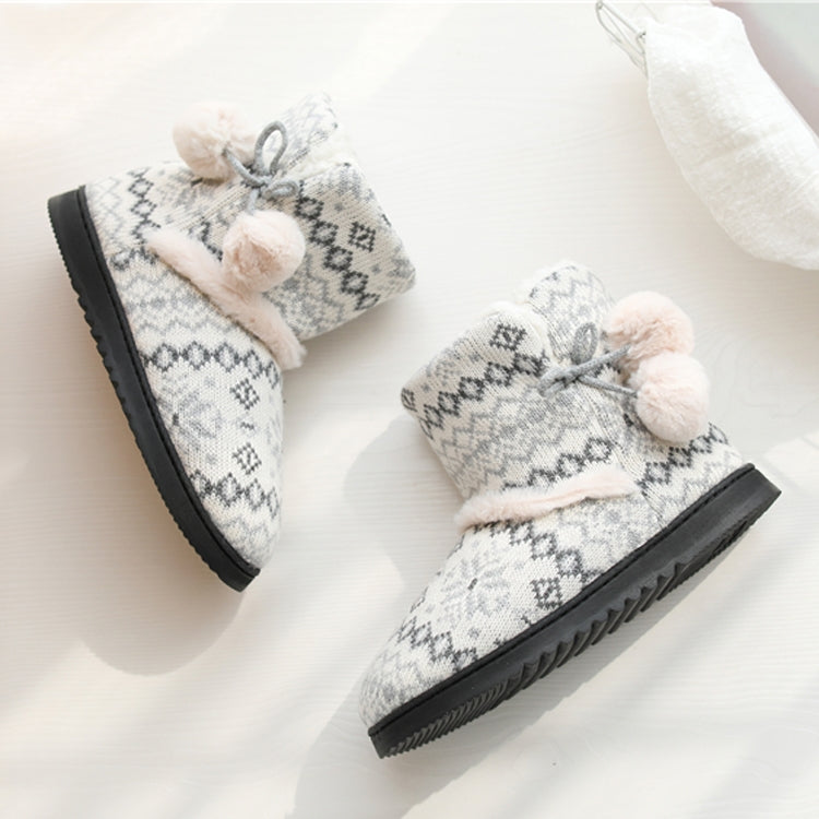 Winter high-top knit slippers, light gray pattern, fuzzy pom-pom cuffs, non-slip sole