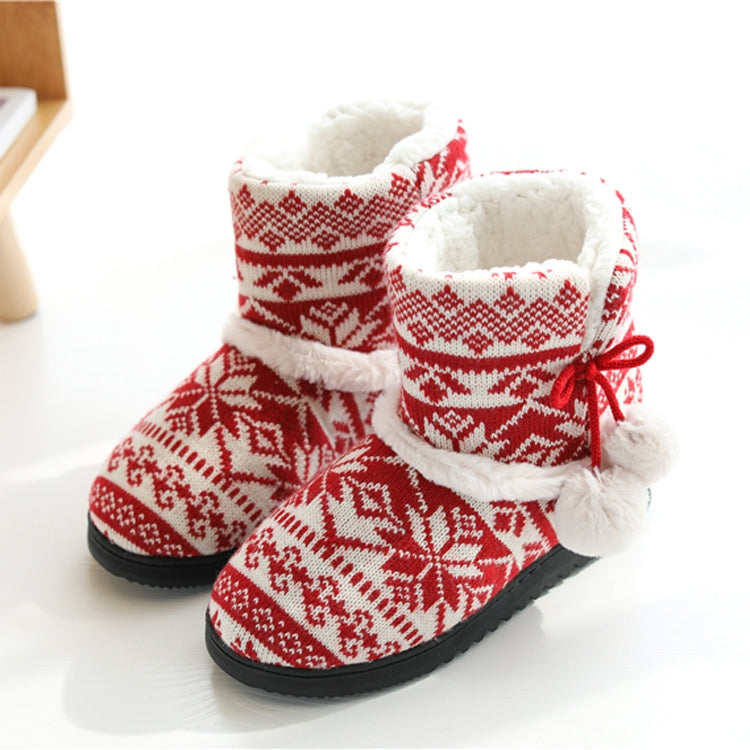 Winter knit high-top slippers, red Fair Isle pattern, fleece lining, thick rubber sole
