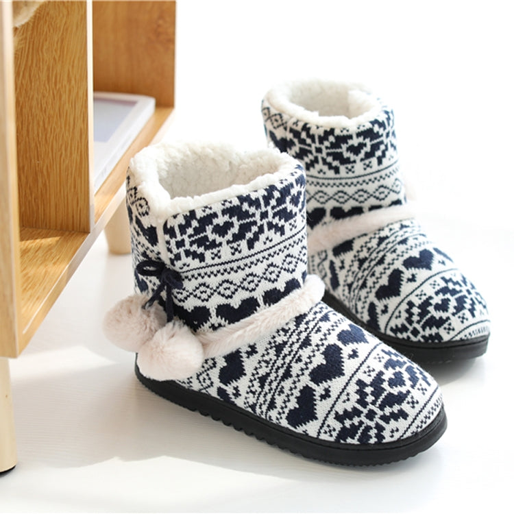 Winter knit high-top slippers, navy and white Fair Isle pattern, plush lining, thick sole