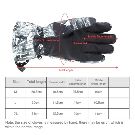 Glove size chart with total length, palm width, and finger length for M, L, XL