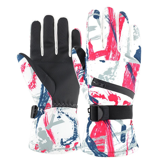 Winter ski gloves, black with red white blue splatter print, adjustable wrist strap pair