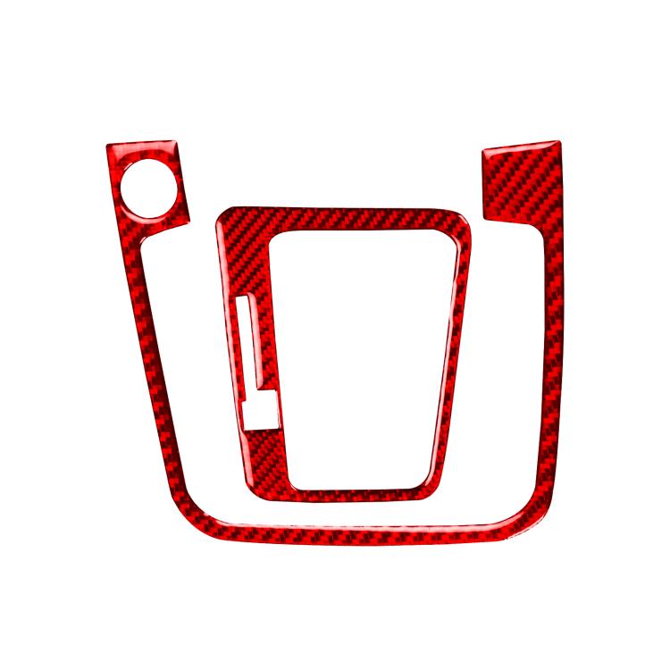 Red carbon-fiber style gear shift panel trim sticker set, two-piece V-shape design.