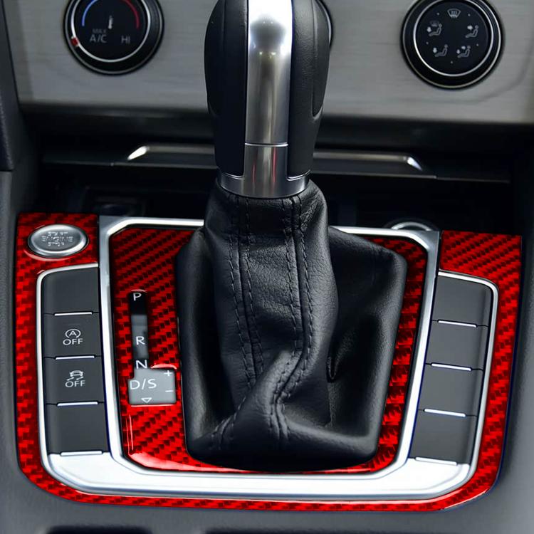 Red carbon-fiber style gear shift panel trim sticker set around the automatic gear knob.
