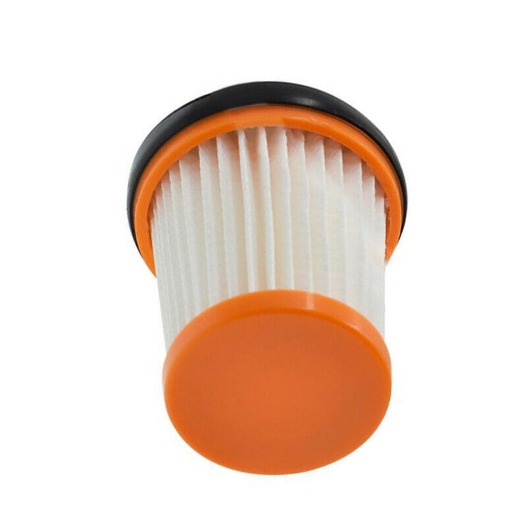 Vacuum filter cartridge with pleated white media, orange top, and black base