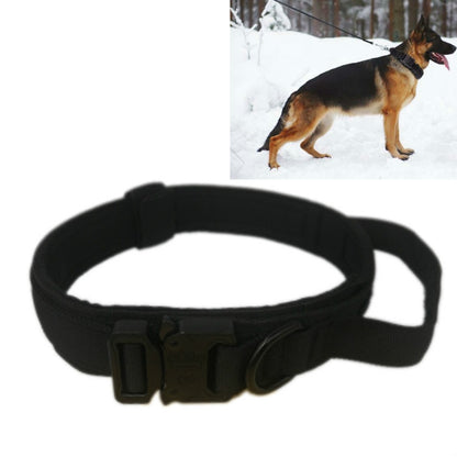 Black nylon traction dog collar with padded strap and buckle clasp