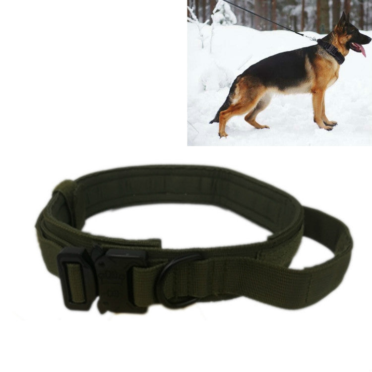 Army green nylon traction dog collar with padded lining and buckle