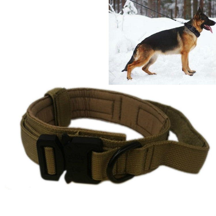 Khaki nylon traction dog collar with black hardware and padded lining