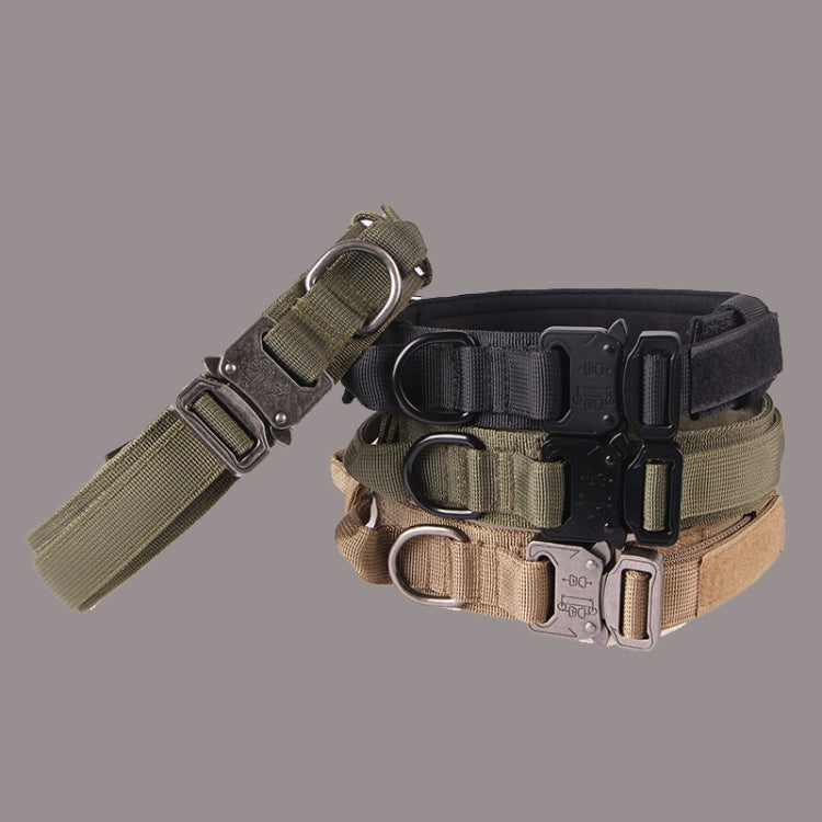 Khaki thickened nylon traction dog collar with D-ring and black hardware