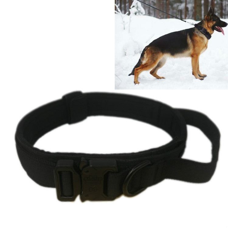 Black nylon traction dog collar with thick padded webbing and buckle