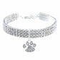 White rhinestone elastic pet collar with paw charm and silver chain clasp