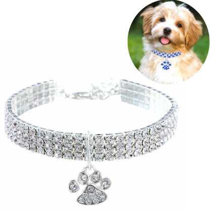 White rhinestone elastic pet collar with silver chain and paw-shaped charm pendant
