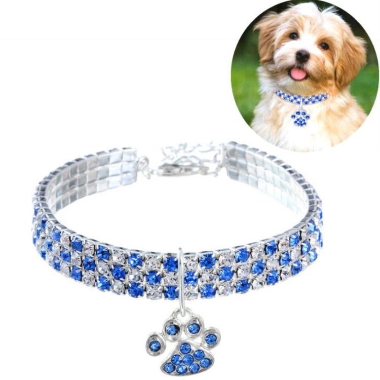 Blue rhinestone elastic pet collar with paw charm pendant and silver chain clasp