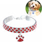 Red rhinestone elastic pet collar with paw charm pendant and silver chain links