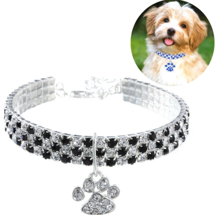 Black and silver rhinestone pet collar with paw charm and elastic stretch band