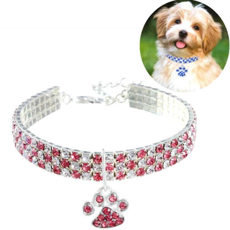 Pink rhinestone pet collar necklace with silver buckle and pink paw charm