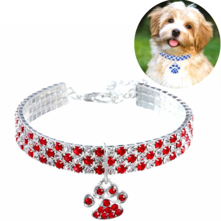 Red and clear rhinestone pet collar with red paw charm and silver elastic band