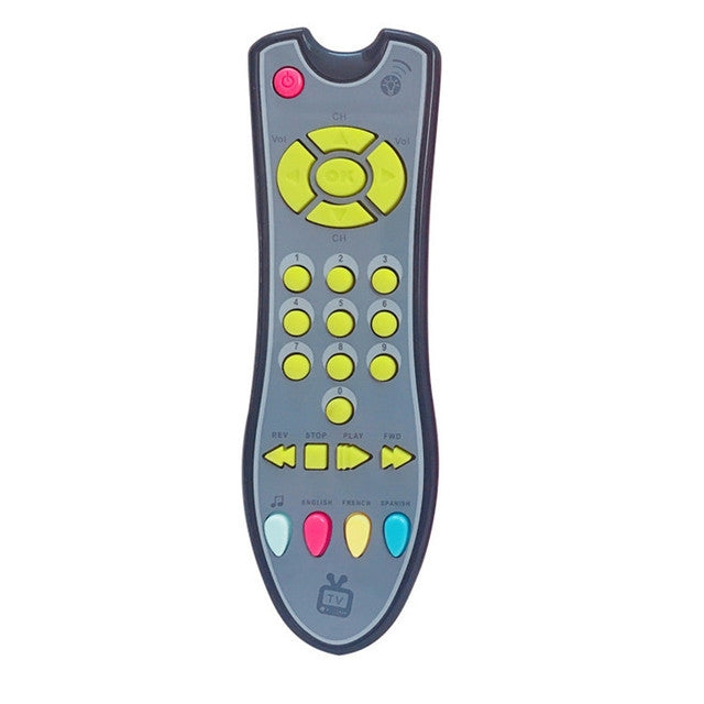 Gray music TV remote control toy with yellow-green button keypad and colored function keys