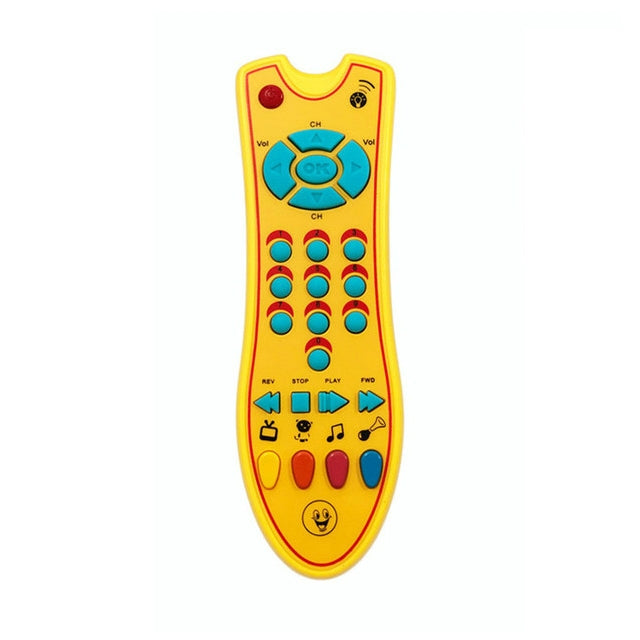 Orange music TV remote control toy with blue center panel and colorful button keys