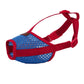 Dog muzzle cone with red webbing harness and blue breathable mesh front