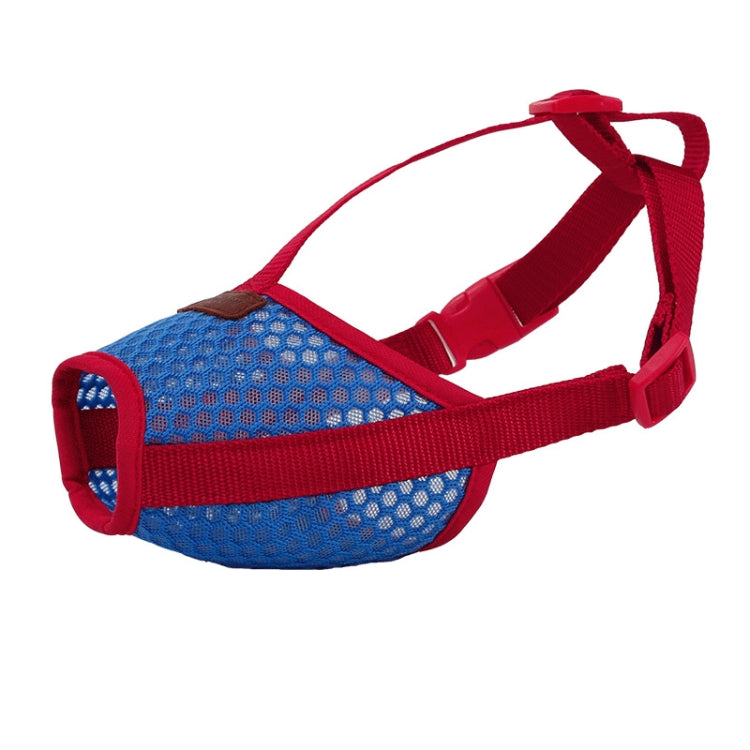 Dog muzzle cone with red webbing harness and blue breathable mesh front