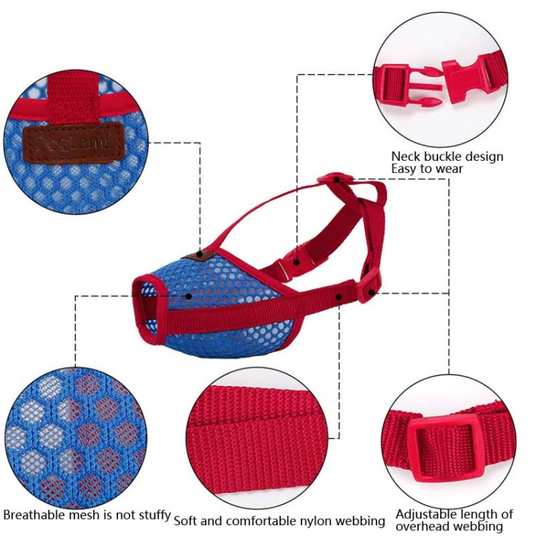 Dog muzzle with red buckles and adjustable straps over blue breathable mesh cone