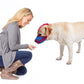 Breathable dog bark stopper muzzle, blue fabric with red trim on dog mouth