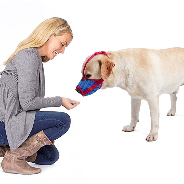 Breathable dog bark stopper muzzle, blue fabric with red trim on dog mouth