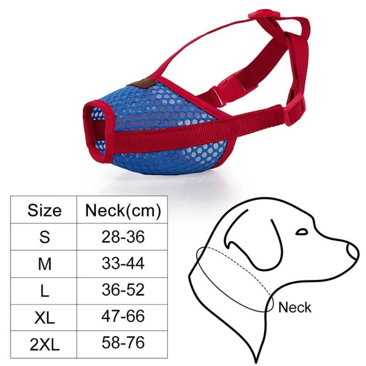 Dog muzzle with blue mesh and red straps; includes size chart and neck diagram