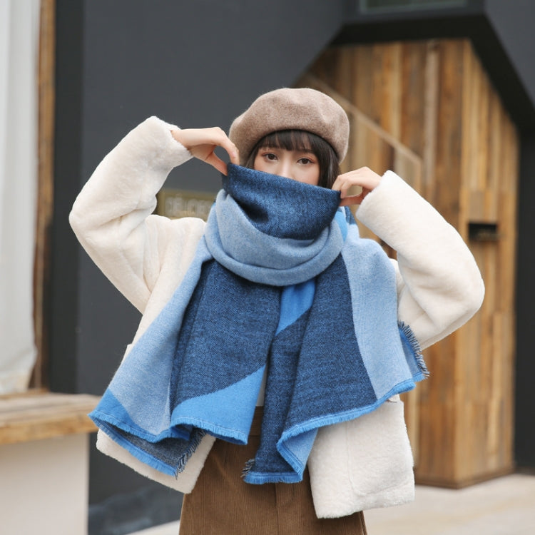 Blue geometric color-block cashmere-look scarf/shawl with fringed ends