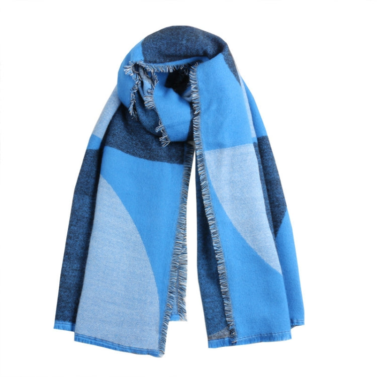 Blue geometric color-block scarf with frayed fringe ends