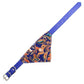 Triangular pet saliva towel bib with adjustable blue strap and colorful cat pattern panel