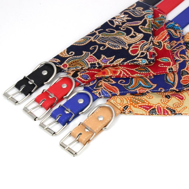 Set of patterned dog bibs with metal buckles in blue, red, black, and tan