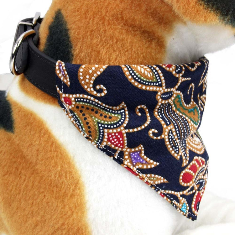Cotton pet bib bandana, dark navy with colorful cat-head pattern, triangular scarf