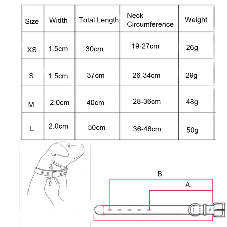 Cotton pet bib bandana size chart with width, length, neck circumference, and weight