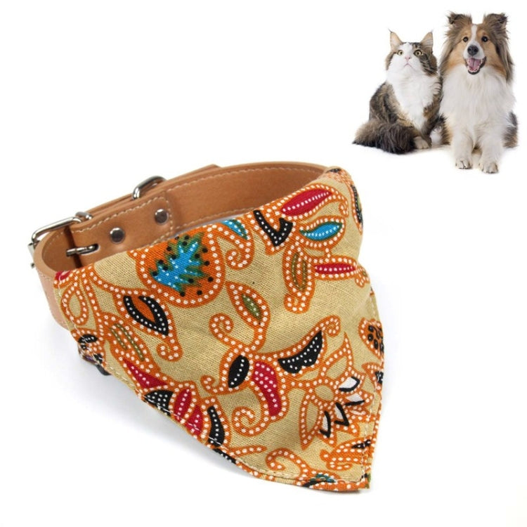 Khaki patterned dog cotton bib with cat-ear headband, triangular drool towel style