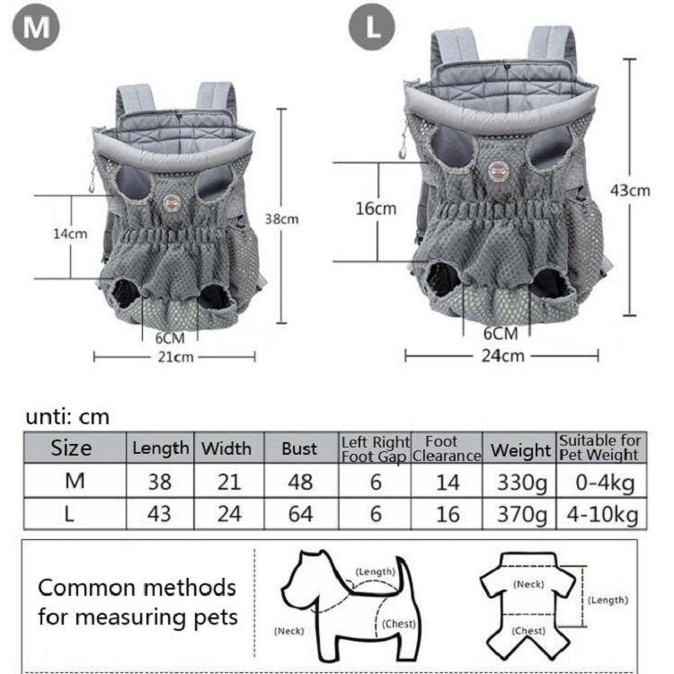 Doglemi pet outing backpack size chart showing measurements for M and L