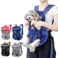 Assorted pet chest bags in blue, gray, pink, and green with a small dog