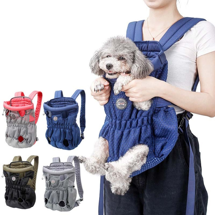 Assorted pet chest bags in blue, gray, pink, and green with a small dog
