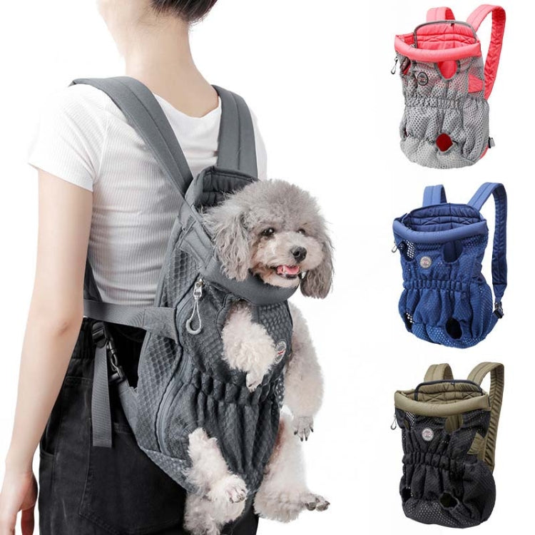 Gray pet chest bag with mesh front and shoulder straps, worn with a small dog