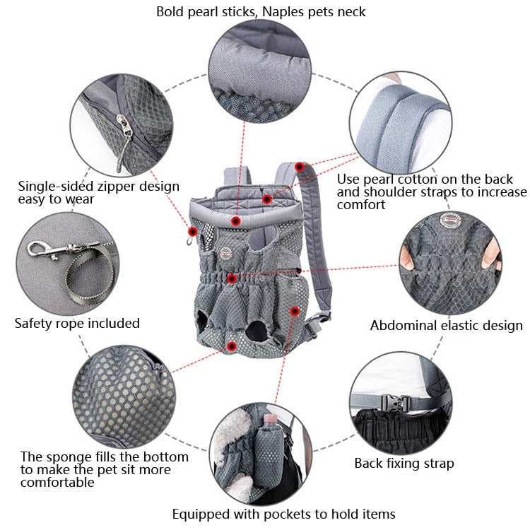 Doglemi pet outing backpack dog shoulder chest bag in gray mesh with zip front