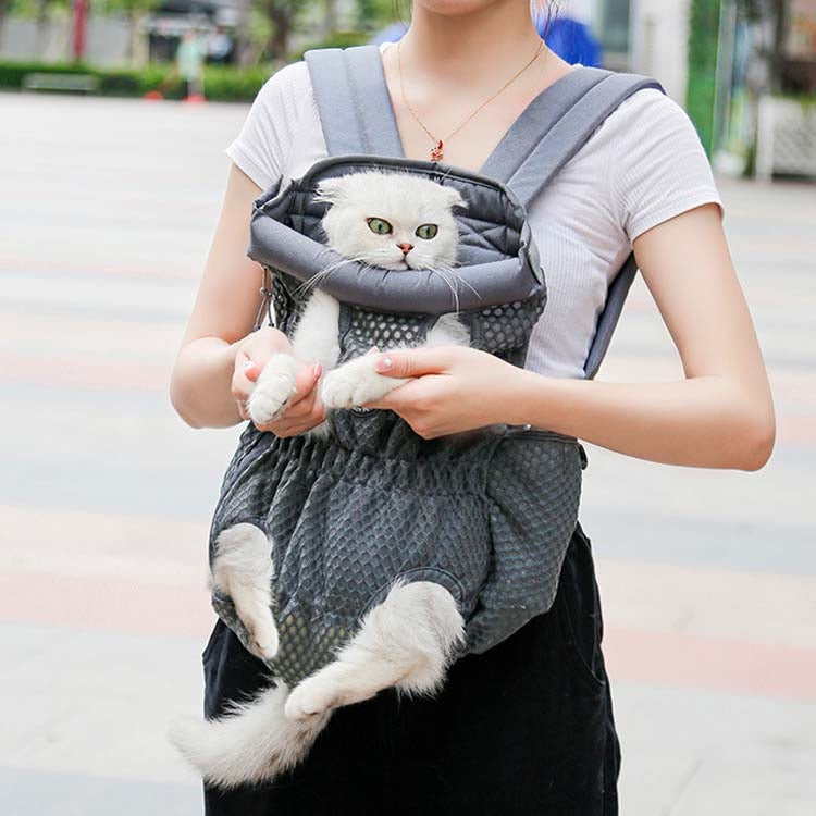 Gray pet chest bag with mesh front and shoulder straps, worn with cat peeking out