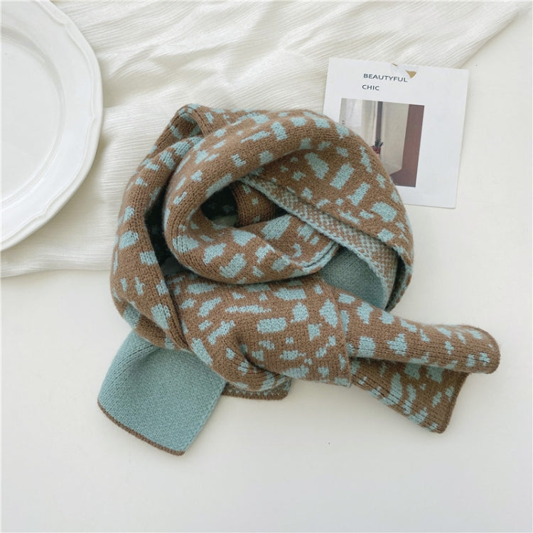 Kids knitted leopard-pattern scarf, light blue and brown, folded