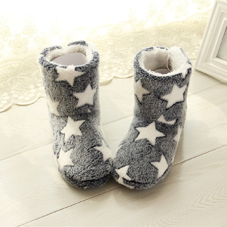 Pair of winter home boot slippers in dark blue-gray with white star print, open toe view