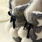 Women’s fleece winter home boots, dark blue & cream, with black ribbon bows