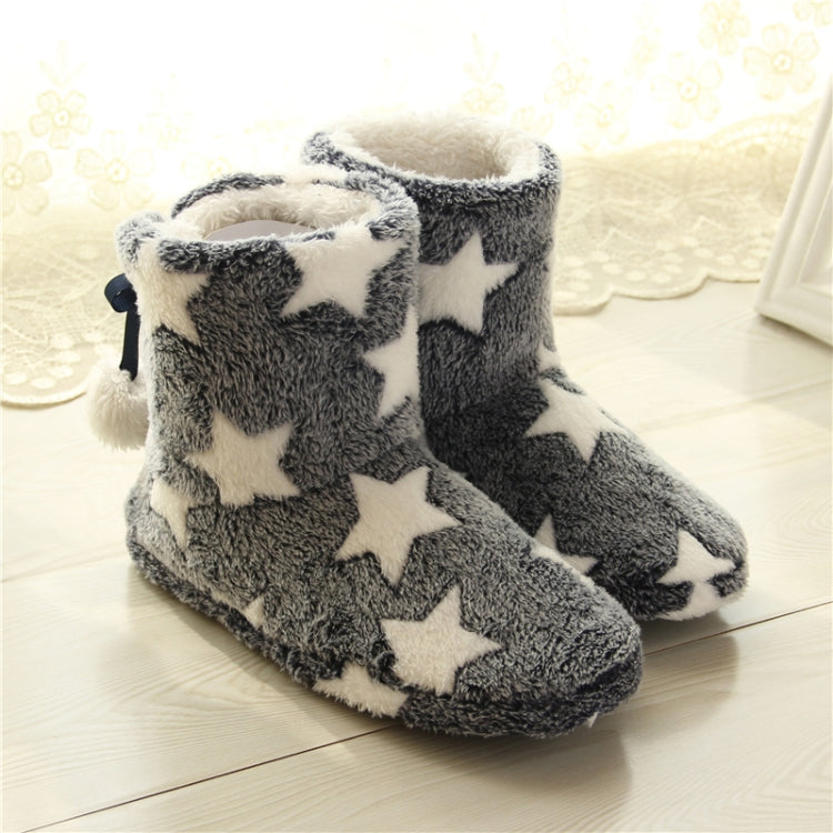 Dark blue-gray winter boot slippers with white star pattern and small bow-like side details