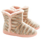 Pair of beige textured knit slippers with pink fuzzy collar and thick pink base sole.