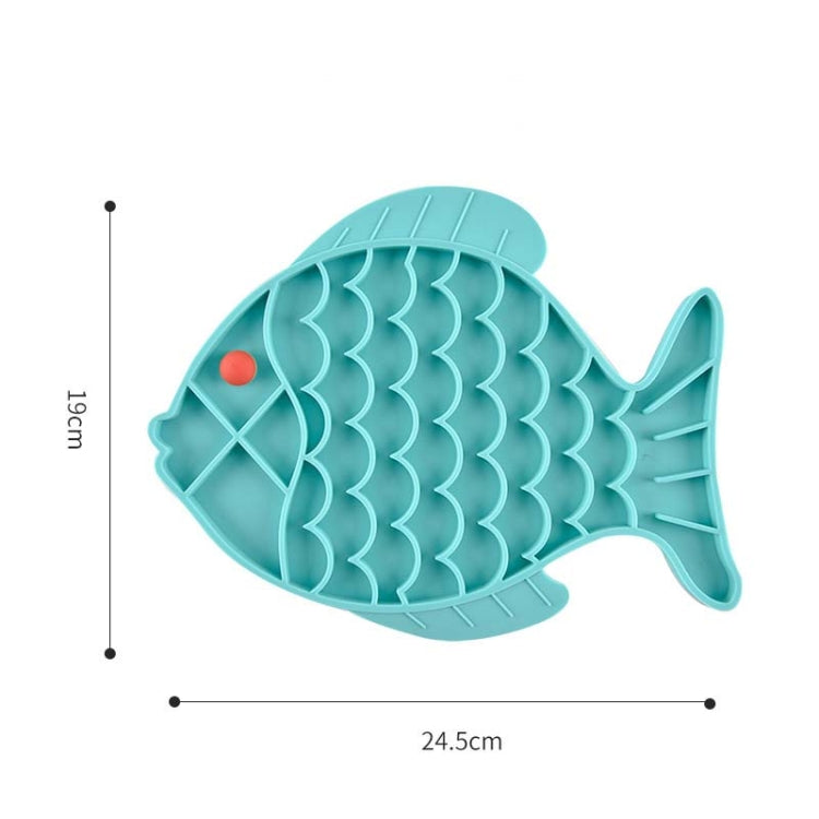 Teal silicone fish-shaped slow food mat with raised channels and side fin ridges