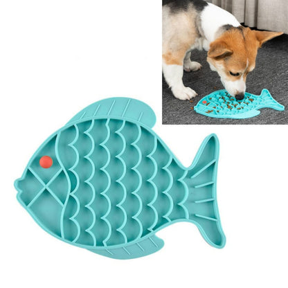 Teal silicone fish-shaped slow food mat with raised channels and divider grooves