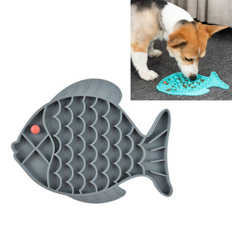 Gray silicone fish-shaped slow food mat with raised channels and side fin ridges