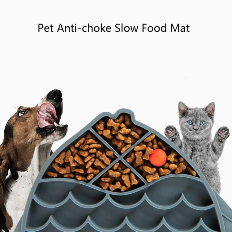 Gray silicone fish-shaped anti-choke slow food mat filled with dry kibble